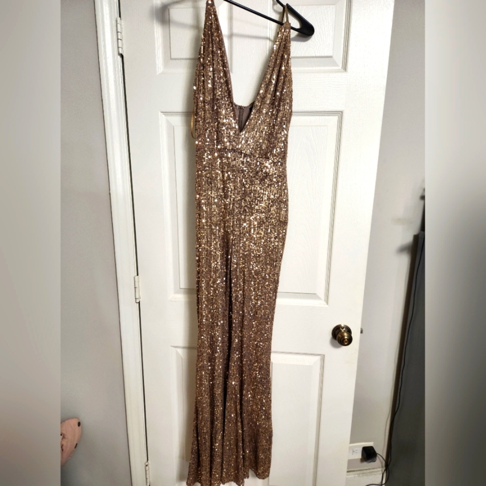 Gold Sequined Plunge Neck Jumpsuit